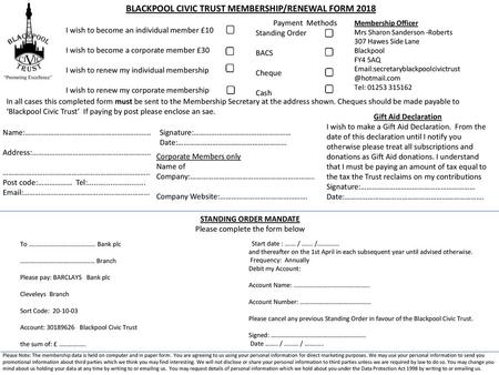 BLACKPOOL CIVIC TRUST MEMBERSHIP/RENEWAL FORM 2018