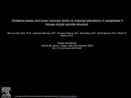 Oxidative stress and tumor necrosis factor–α–induced alterations in metaphase II mouse oocyte spindle structure  Won-Jun Choi, M.D., Ph.D., Jashoman Banerjee,