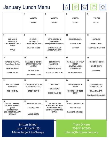 January Lunch Menu Britten School Lunch Price $4.25