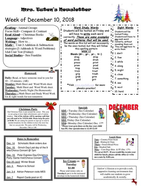 Week of December 10, 2018 Mrs. Tuten’s Newsletter