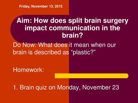 Aim: How does split brain surgery impact communication in the brain?