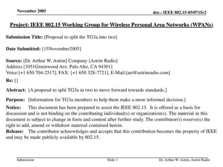 Submission Title: [Proposal to split the TG3a into two]