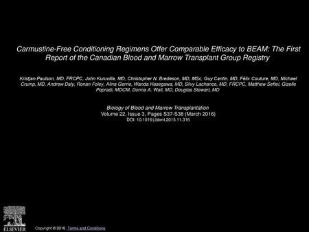 Carmustine-Free Conditioning Regimens Offer Comparable Efficacy to BEAM: The First Report of the Canadian Blood and Marrow Transplant Group Registry 