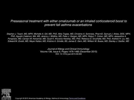 Preseasonal treatment with either omalizumab or an inhaled corticosteroid boost to prevent fall asthma exacerbations  Stephen J. Teach, MD, MPH, Michelle.