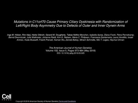 Mutations in C11orf70 Cause Primary Ciliary Dyskinesia with Randomization of Left/Right Body Asymmetry Due to Defects of Outer and Inner Dynein Arms 