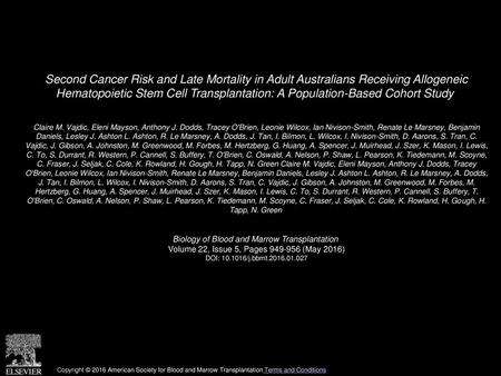 Second Cancer Risk and Late Mortality in Adult Australians Receiving Allogeneic Hematopoietic Stem Cell Transplantation: A Population-Based Cohort Study 