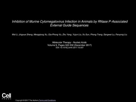 Inhibition of Murine Cytomegalovirus Infection in Animals by RNase P-Associated External Guide Sequences  Wei Li, Jingxue Sheng, Mengqiong Xu, Gia-Phong.