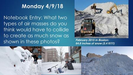 Monday 4/9/18 Notebook Entry: What two types of air masses do you think would have to collide to create as much snow as shown in these photos? February.