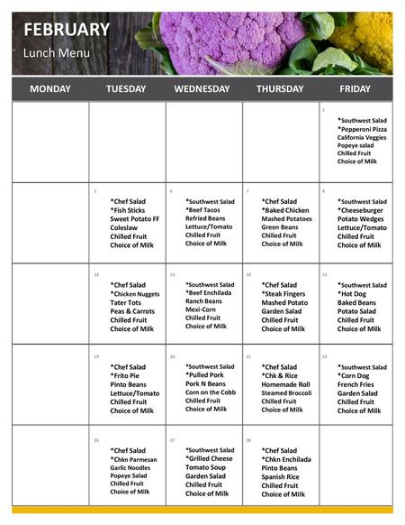 February Lunch Menu Monday Tuesday Wednesday Thursday Friday