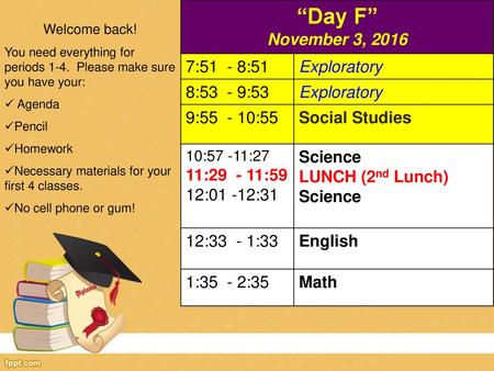 “Day F” November 3, :51 - 8:51 Exploratory 8:53 - 9:53