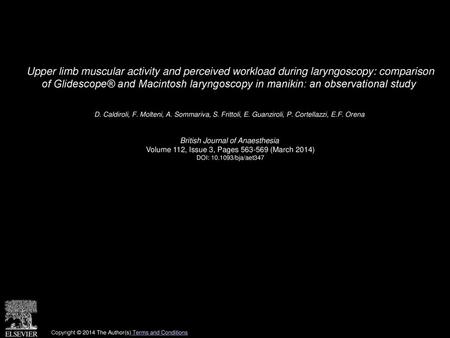 Upper limb muscular activity and perceived workload during laryngoscopy: comparison of Glidescope® and Macintosh laryngoscopy in manikin: an observational.