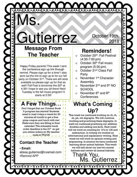 Ms. Gutierrez Ms. Gutierrez Message From Reminders! The Teacher