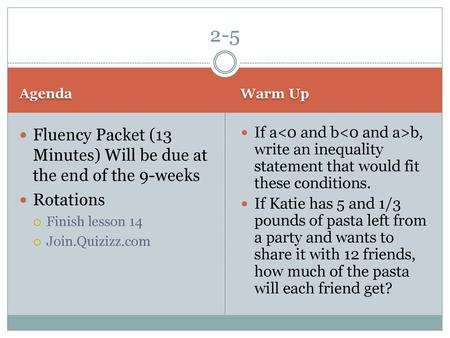 2-5 Fluency Packet (13 Minutes) Will be due at the end of the 9-weeks