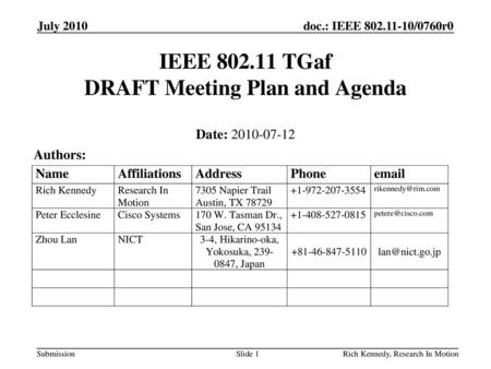 IEEE TGaf DRAFT Meeting Plan and Agenda