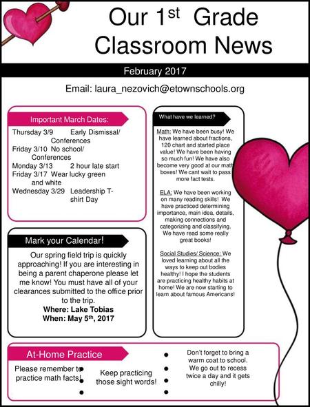 Our 1st Grade Classroom News February 2017