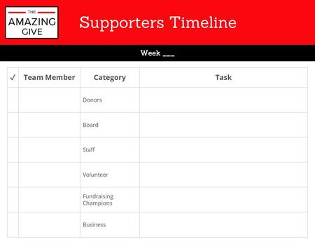 Supporters Timeline Week ___ ✓ Team Member Category Task Donors Board