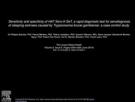 Sensitivity and specificity of HAT Sero-K-SeT, a rapid diagnostic test for serodiagnosis of sleeping sickness caused by Trypanosoma brucei gambiense: