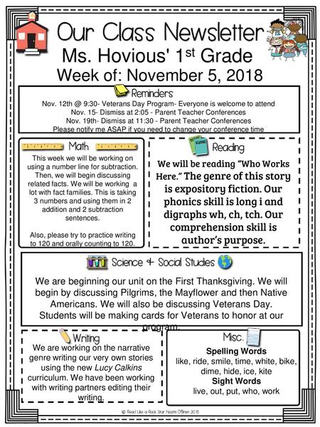 Ms. Hovious' 1st Grade Week of: November 5, 2018