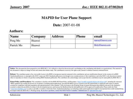 MAPID for User Plane Support