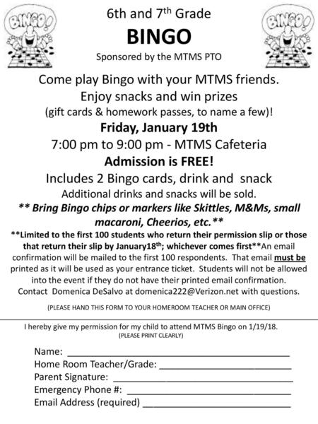 6th and 7th Grade BINGO Sponsored by the MTMS PTO