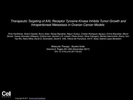 Therapeutic Targeting of AXL Receptor Tyrosine Kinase Inhibits Tumor Growth and Intraperitoneal Metastasis in Ovarian Cancer Models  Pinar Kanlikilicer,