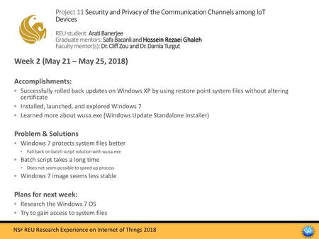 Project 11 Security and Privacy of the Communication Channels among IoT Devices REU student: Arati Banerjee Graduate mentors: Safa Bacanli and Hossein.