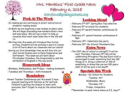 Mrs. Hawkins’ First Grade News February 6, 2018