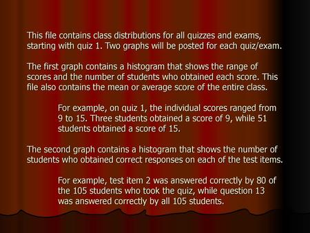 This file contains class distributions for all quizzes and exams, starting with quiz 1. Two graphs will be posted for each quiz/exam. The first graph.