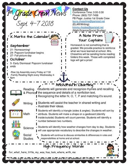 1st Grade Crew News Sept A Note From X Marks the Calendar!