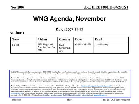 WNG Agenda, November Authors: Nov 2007 Date: May 2007