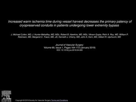 Increased warm ischemia time during vessel harvest decreases the primary patency of cryopreserved conduits in patients undergoing lower extremity bypass 