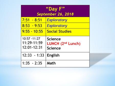 “Day F” September 26, :51 - 8:51 Exploratory 8:53 - 9:53