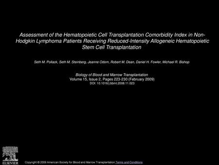 Assessment of the Hematopoietic Cell Transplantation Comorbidity Index in Non- Hodgkin Lymphoma Patients Receiving Reduced-Intensity Allogeneic Hematopoietic.