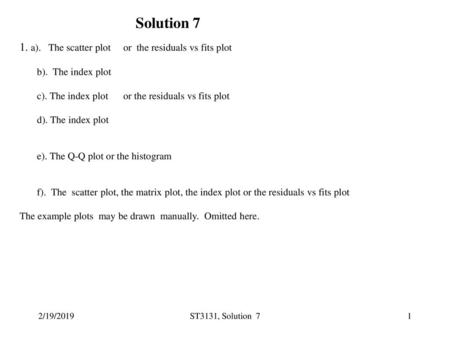 Solution 7 1. a). The scatter plot or the residuals vs fits plot