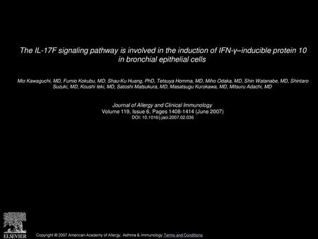 The IL-17F signaling pathway is involved in the induction of IFN-γ–inducible protein 10 in bronchial epithelial cells  Mio Kawaguchi, MD, Fumio Kokubu,