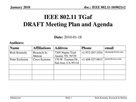 IEEE TGaf DRAFT Meeting Plan and Agenda