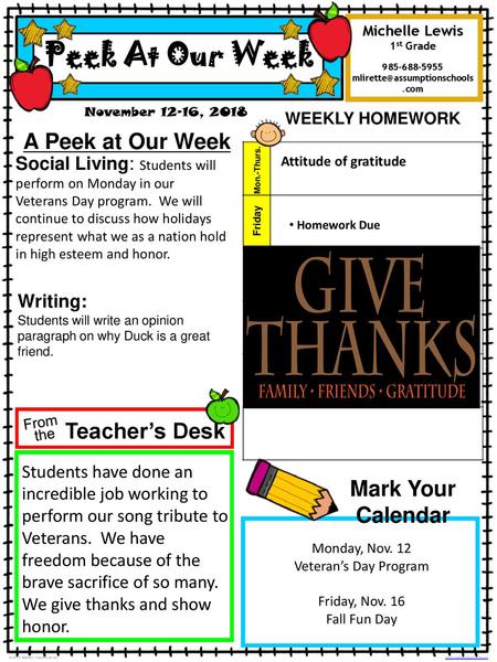 Peek At Our Week A Peek at Our Week Teacher’s Desk Mark Your Calendar