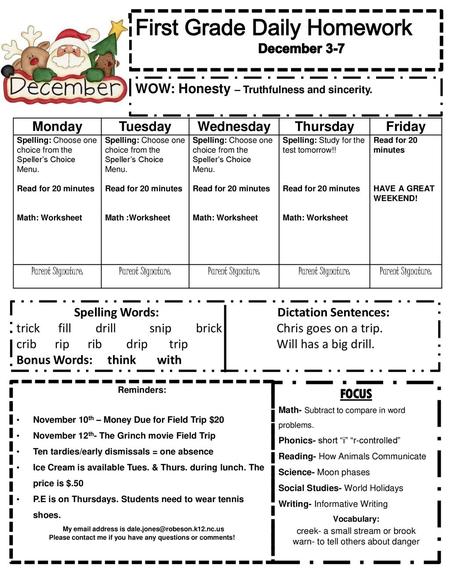 First Grade Daily Homework December 3-7