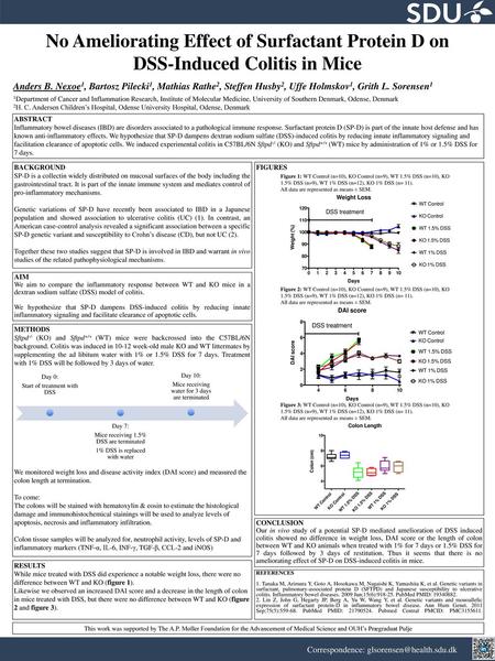 No Ameliorating Effect of Surfactant Protein D on DSS-Induced Colitis in Mice Anders B. Nexoe1, Bartosz Pilecki1, Mathias Rathe2, Steffen Husby2, Uffe.