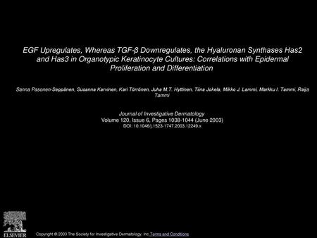 EGF Upregulates, Whereas TGF-β Downregulates, the Hyaluronan Synthases Has2 and Has3 in Organotypic Keratinocyte Cultures: Correlations with Epidermal.