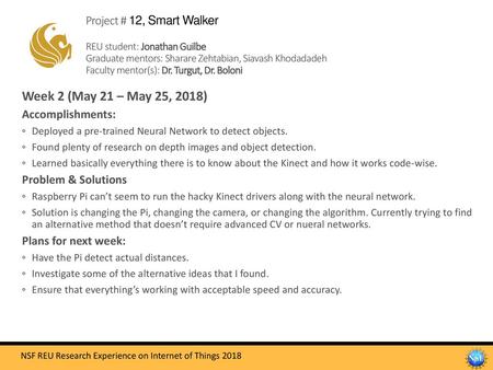 Project # 12, Smart Walker REU student: Jonathan Guilbe Graduate mentors: Sharare Zehtabian, Siavash Khodadadeh Faculty mentor(s): Dr. Turgut, Dr. Boloni.