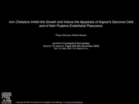 Iron Chelators Inhibit the Growth and Induce the Apoptosis of Kaposi's Sarcoma Cells and of their Putative Endothelial Precursors  Thierry Simonart, Michel.