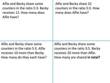 Alfie and Becky share 32 counters in the ratio 5:3