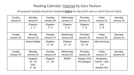 Reading Calendar: Hatchet by Gary Paulson