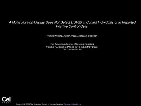 A Multicolor FISH Assay Does Not Detect DUP25 in Control Individuals or in Reported Positive Control Cells  Yanina Weiland, Jürgen Kraus, Michael R. Speicher 