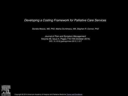 Developing a Costing Framework for Palliative Care Services