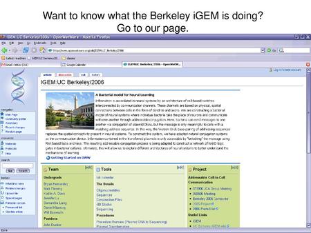 Want to know what the Berkeley iGEM is doing? Go to our page.