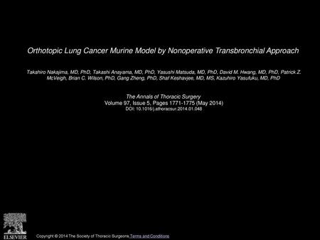 Orthotopic Lung Cancer Murine Model by Nonoperative Transbronchial Approach  Takahiro Nakajima, MD, PhD, Takashi Anayama, MD, PhD, Yasushi Matsuda, MD,