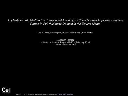 Implantation of rAAV5-IGF-I Transduced Autologous Chondrocytes Improves Cartilage Repair in Full-thickness Defects in the Equine Model  Kyla F Ortved,