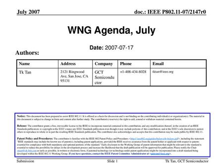 WNG Agenda, July Authors: July 2007 Date: May 2007